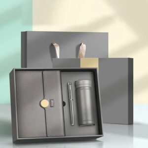 Grey 3-in-1 executive business gift set Notebook, ballpoint pen, and a mini insulated vacuum thermos flask