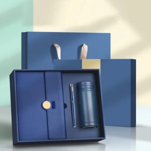 Blue 3-in-1 executive business gift set Notebook, ballpoint pen, and a mini insulated vacuum thermos flask
