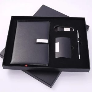 Black 4-in-1 executive corporate gift set A5 notebook, ballpoint pen, a cardholder, and a keychain