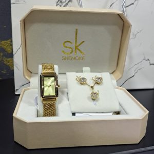 SK Gold Mesh Strap Watch Necklace Earrings Gift Set