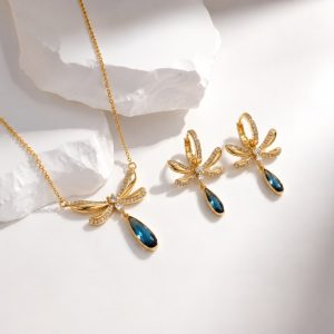 18k gold Dragonfly Necklace and Earrings Ladies Set with blue teardrop crystals