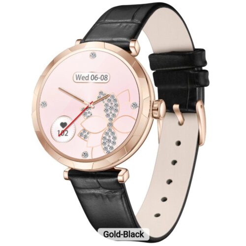Black Leather Rose Gold AMOLED Ladies Smart Watch