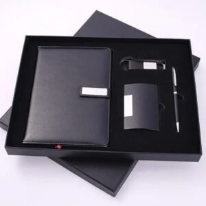 Black 4-in-1 executive corporate gift set A5 notebook, ballpoint pen, a cardholder, and a keychain