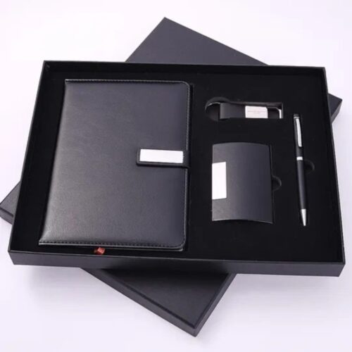 Black 4-in-1 executive corporate gift set A5 notebook, ballpoint pen, a cardholder, and a keychain