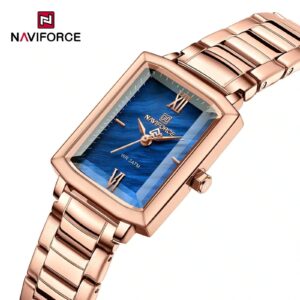 Naviforce NF5039 rectangular rose-gold stainless steel case and a textured blue dial ladies Watch