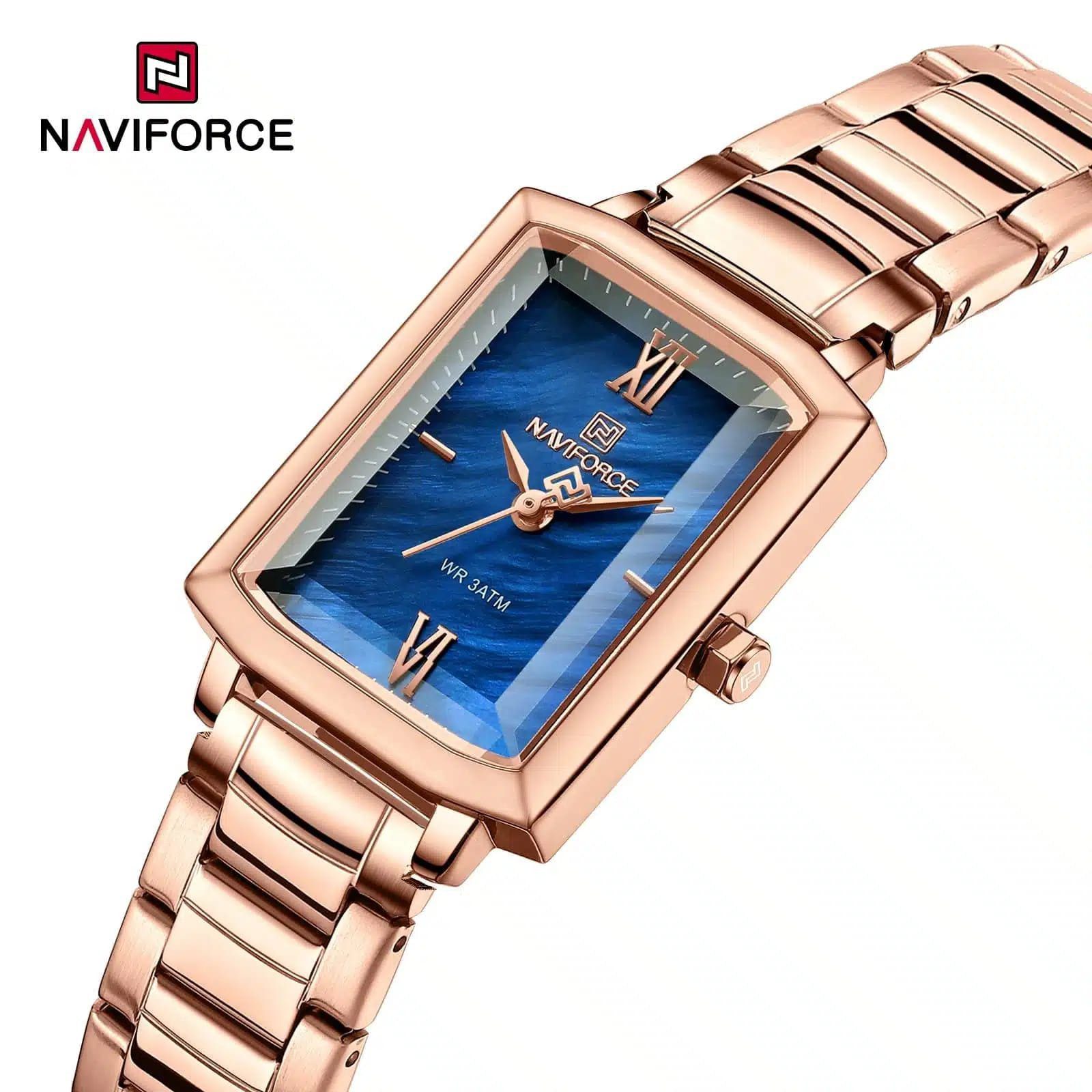 Naviforce NF5039 rectangular rose-gold stainless steel case and a textured blue dial ladies Watch