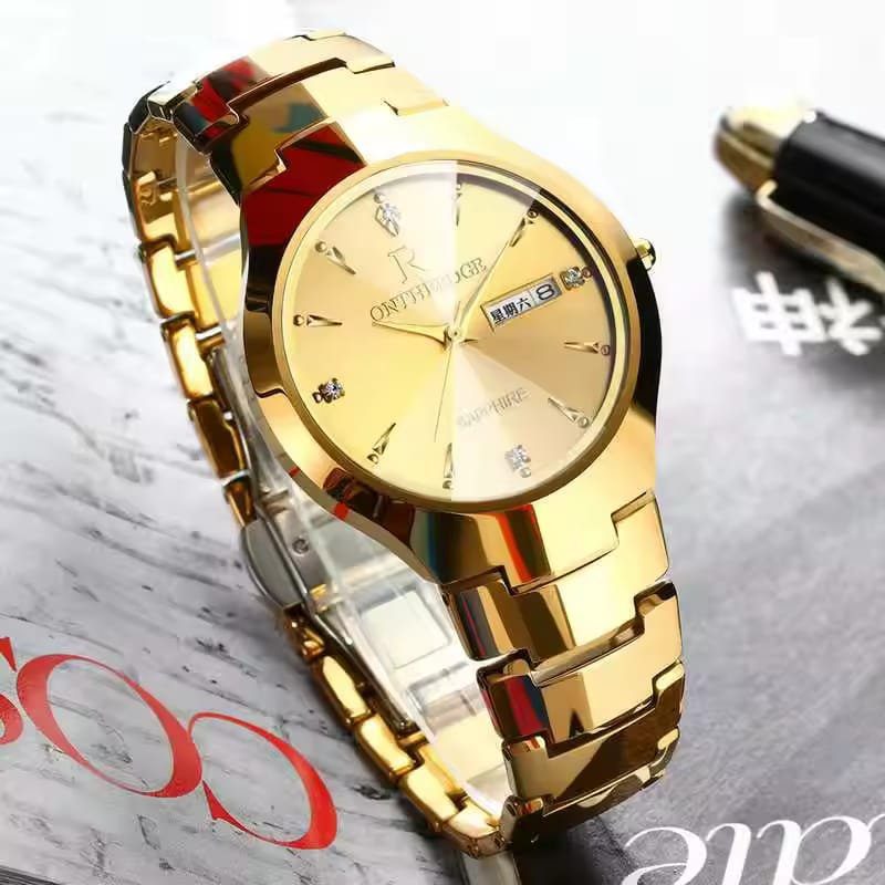 Ontheedge Men Unisex Day & Date Sapphire Tungsten Gold Watch
