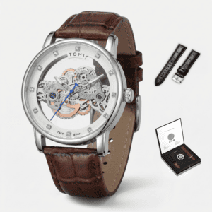 Tomi Face Gear Skeleton Brown Leather Watch