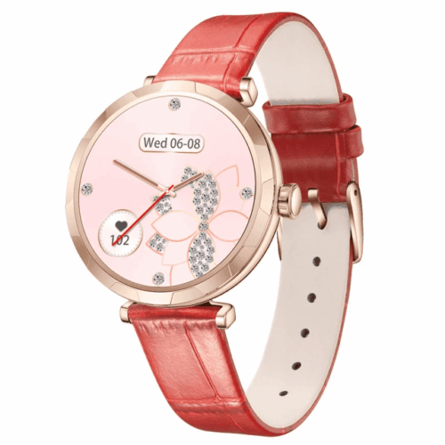 Red Leather Rose Gold Smart Watch AMOLED Bluetooth Call Health Monitoring Ladies
