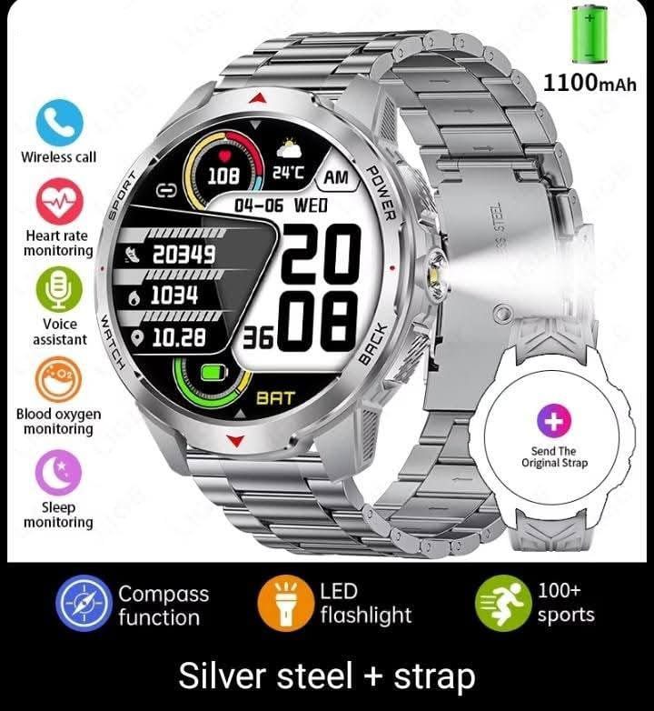 KT88 Silver Stainless Strap Extra Grey Rubber Strap Smart Watch - Image 2