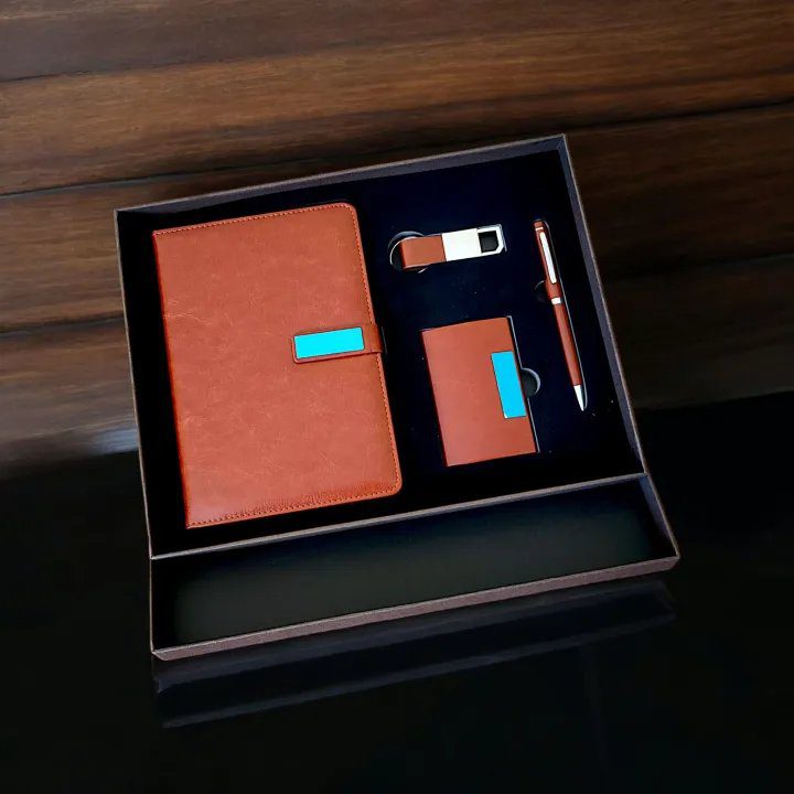 Brown 4-in-1 executive corporate gift set A5 notebook, ballpoint pen, a cardholder, and a keychain - Image 3