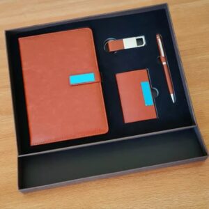Brown 4-in-1 executive corporate gift set A5 notebook, ballpoint pen, a cardholder, and a keychain