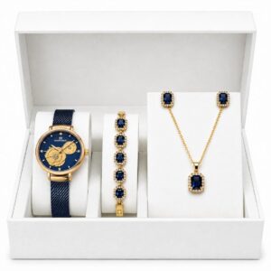 Naviforce Blue Rose Gold Mesh Watch Bracelet Necklace Earrings Set