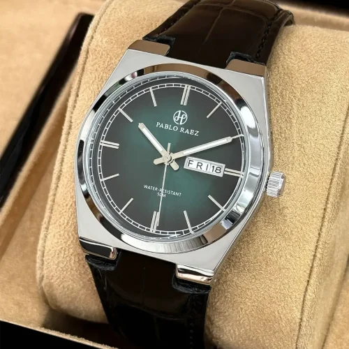 Pablo Raez Day and Date Black Leather Minimalist Watch Silver Green Face
