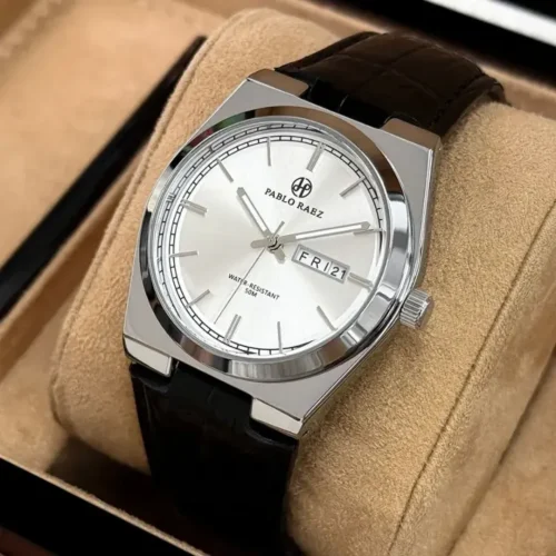 Pablo Raez Day and Date Black Leather Minimalist Watch