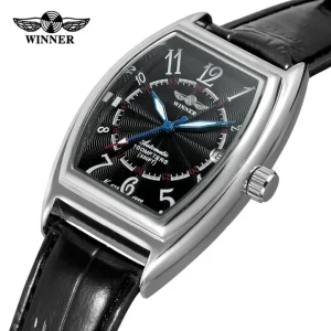 Winner Black Leather Rectangular Watch Black Dial