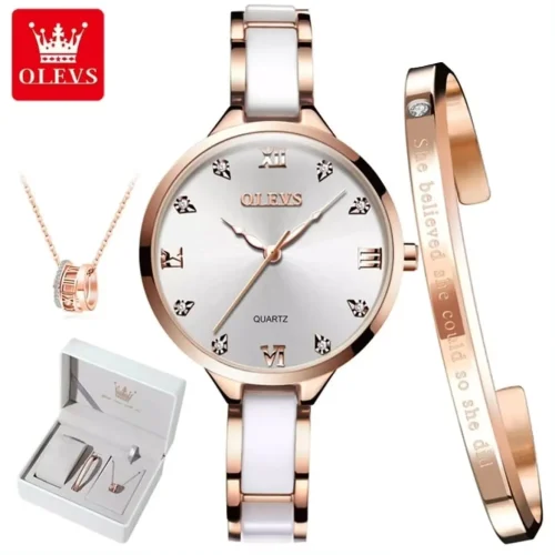 OLEVS 5872 Ladies Quartz Watch Gift Set in a rose gold and white ceramic-inspired design