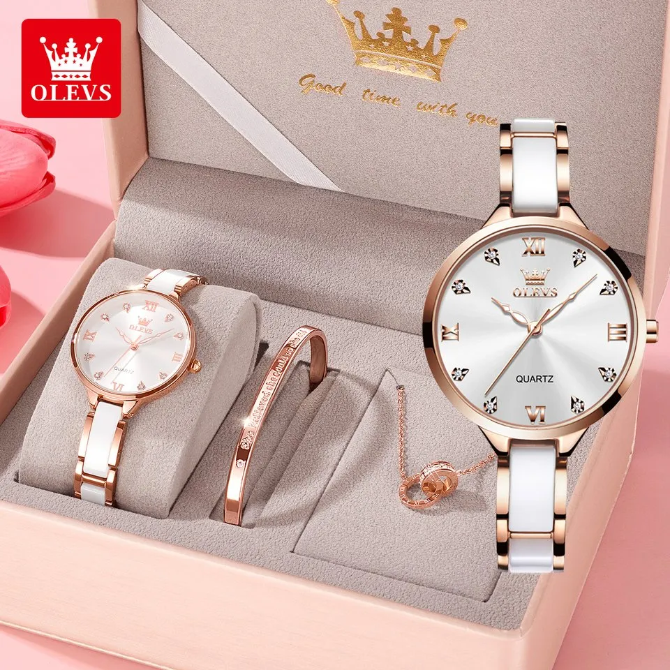 OLEVS 5872 Ladies Quartz Watch Gift Set in a rose gold and white ceramic-inspired design - Image 4