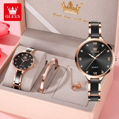 OLEVS 5872 Ladies Quartz Watch Gift Set in a rose gold and black ceramic-inspired design