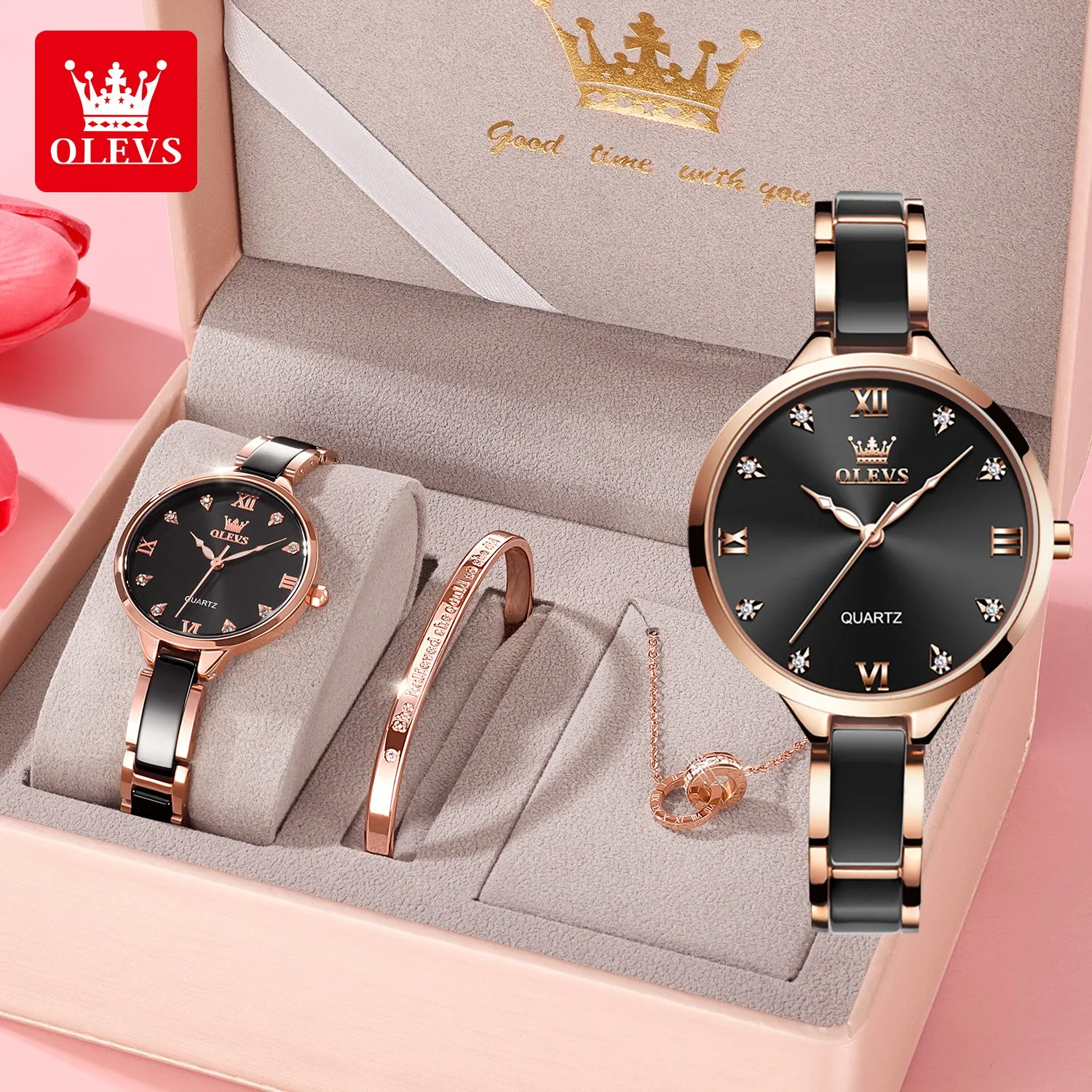 OLEVS 5872 Ladies Quartz Watch Gift Set in a rose gold and black ceramic-inspired design