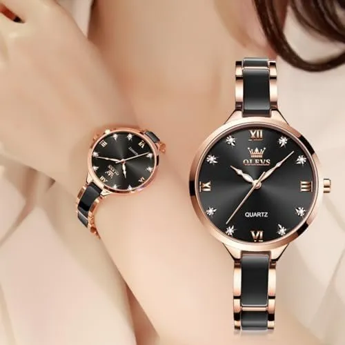 OLEVS 5872 Ladies Quartz Watch Gift Set in a rose gold and black ceramic-inspired design - Image 2