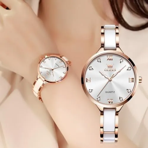 OLEVS 5872 Ladies Quartz Watch Gift Set in a rose gold and white ceramic-inspired design - Image 2