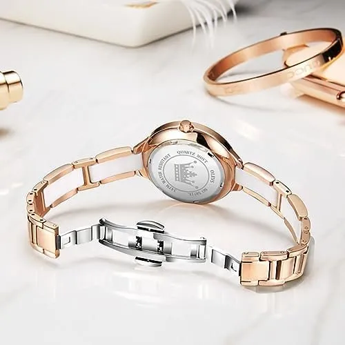 OLEVS 5872 Ladies Quartz Watch Gift Set in a rose gold and white ceramic-inspired design - Image 3