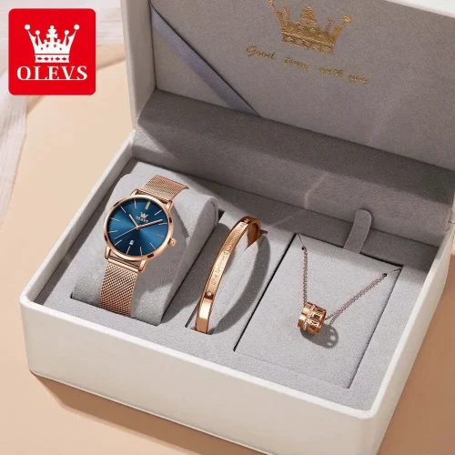 OLEVS Rose Gold Blue Mesh Watch Bangle Necklace Set