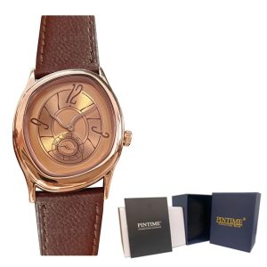 Pintime Brown Leather Rosegold Unisex Asymmetrical Oval Face Watch