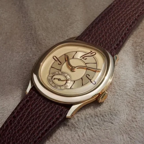 Pintime Brown Leather Gold Unisex Asymmetrical Oval Face Watch
