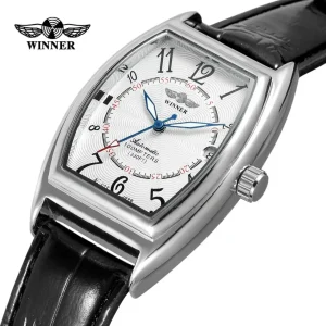 Winner Black Leather Rectangular Watch White Dial