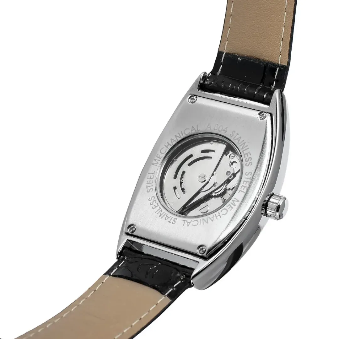 Winner Black Leather Rectangular Watch Black Dial - Image 2