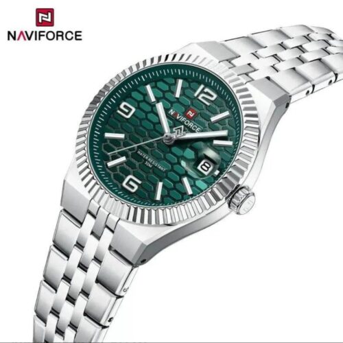 Naviforce NF9277 quartz women’s watch in silver and green with distinctive honeycomb textured dial