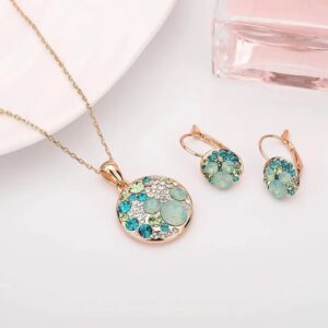 Rose Gold Green Crystal Necklace Earrings Set