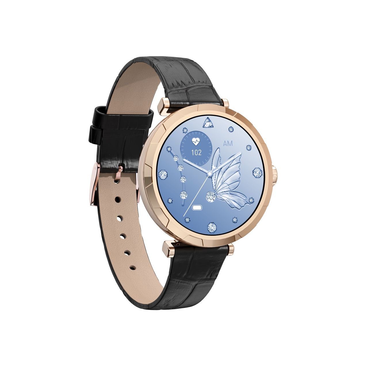 Black Leather Rose Gold AMOLED Ladies Smart Watch - Image 2