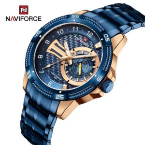Naviforce NF9206 men's luxury sport-casual quartz blue watch with rose gold accents
