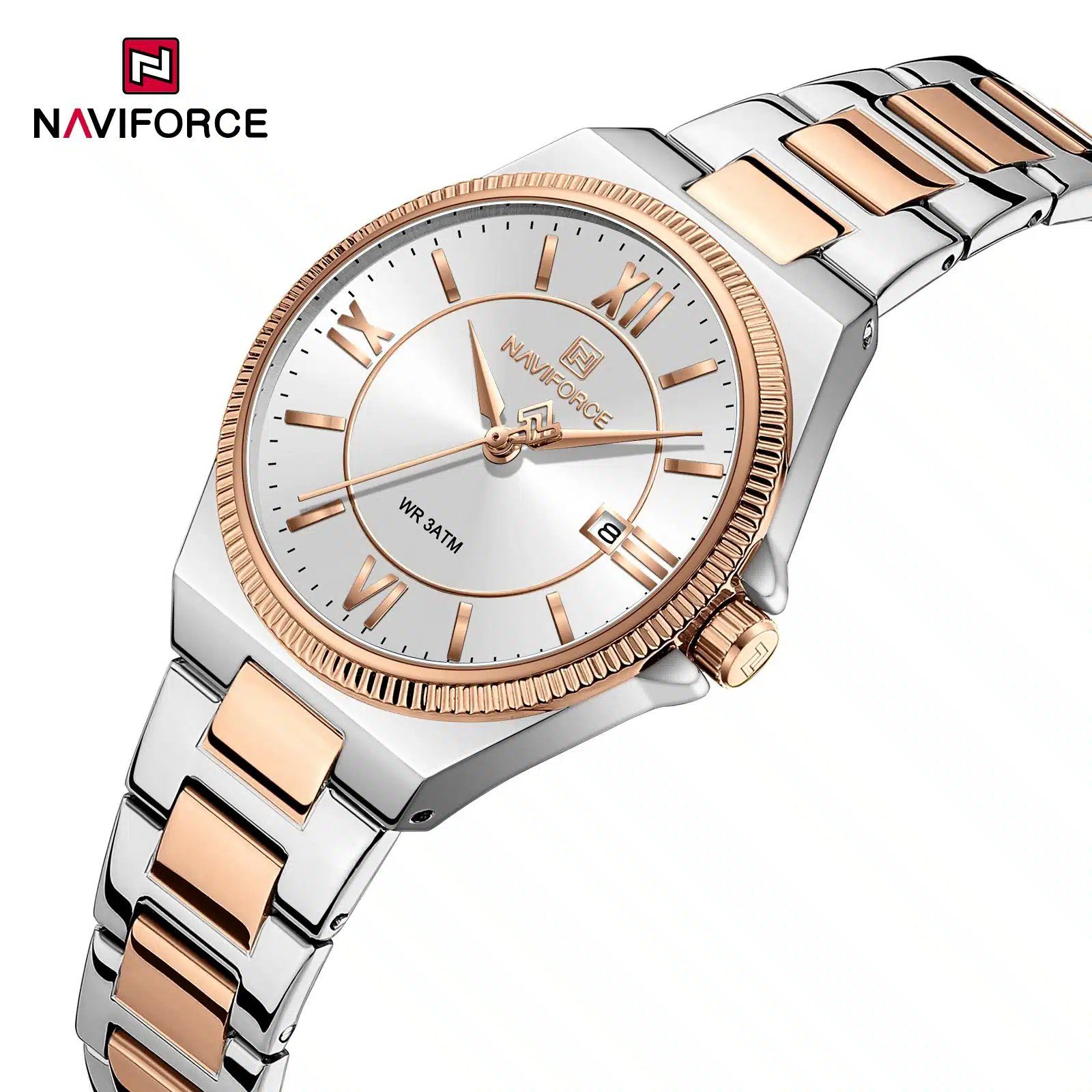 Naviforce NF5073 women's quartz watch silver and rose gold-tone two-tone stainless steel strap