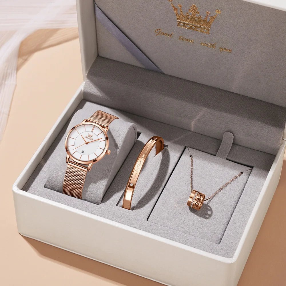 OLEVS Rose Gold Mesh Watch Bangle Necklace Set